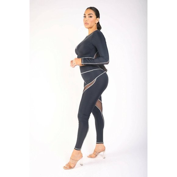 Mesh Contrast Long Sleeve Crop Top with Pants Leggings Outfit 2 Piece Set - Picture 6 of 7